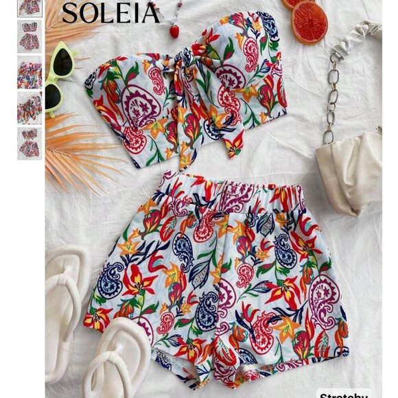 2 Pc Beach Set, Colorful Paisley Print Tie-Front Top And Elastic Waist Shorts - Picture 2 of 10